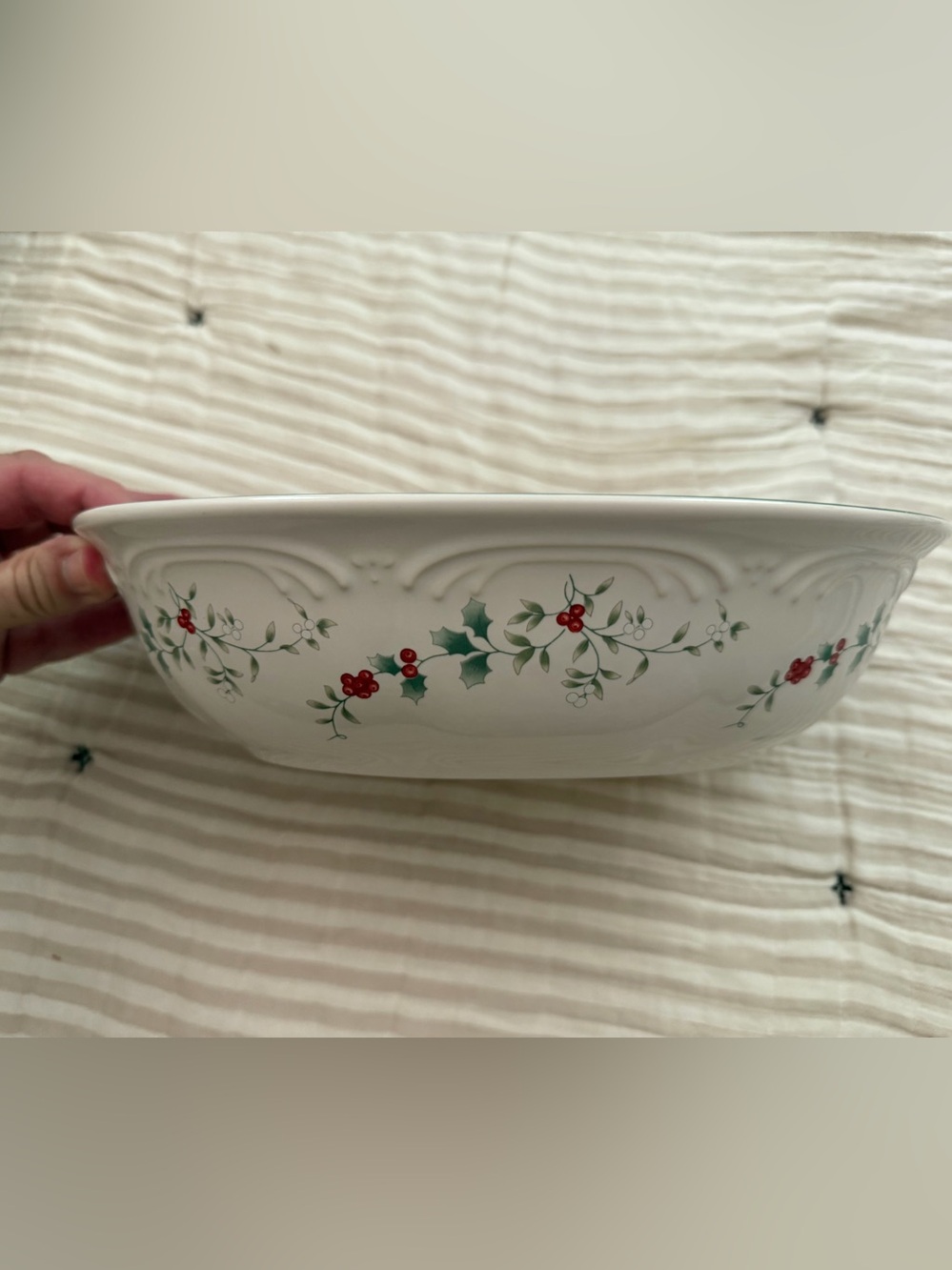 Festive Holly Ceramic Serving Bowl - White with Red & Green Trim